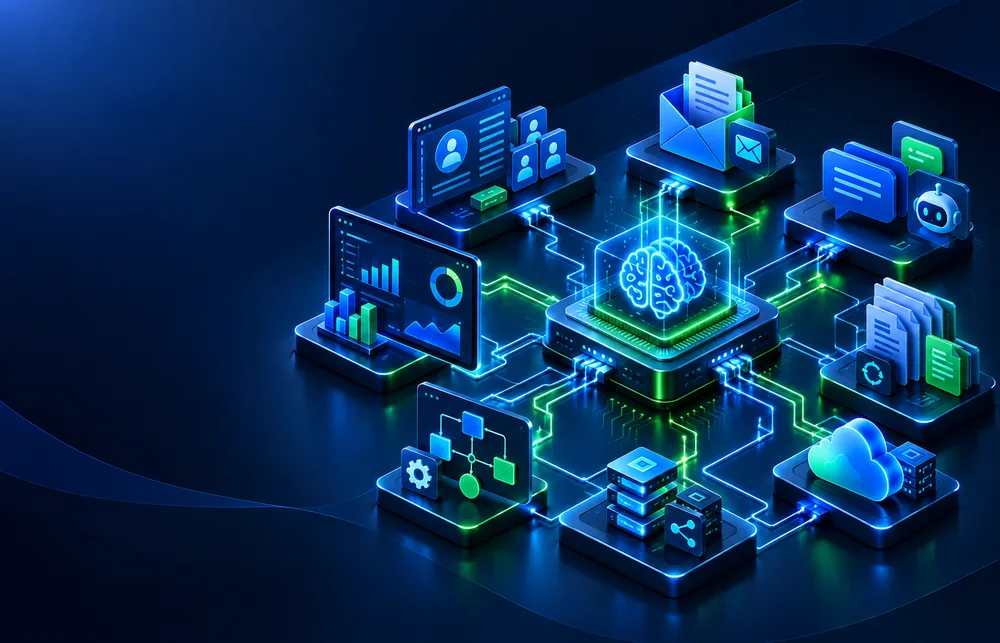 AI workflow automation connecting business applications, CRM, data and APIs
